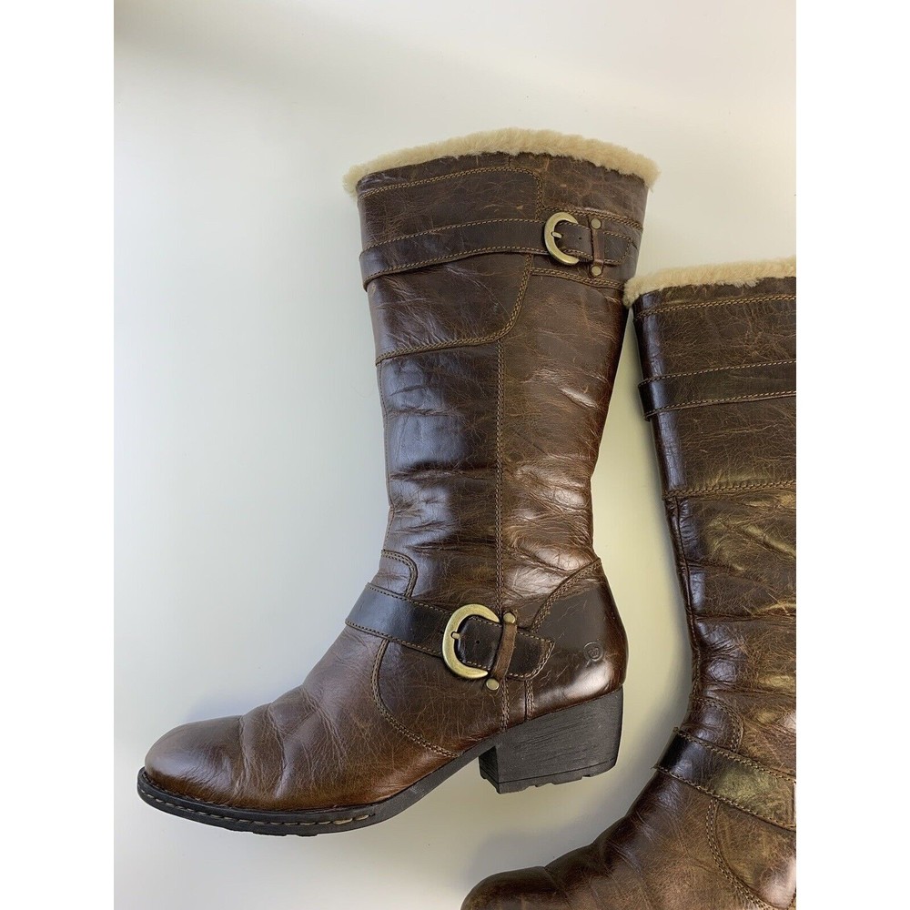 Born Randi Boots Tall Heel Shearling Lined Brown Distressed Leather Womens 11 - Picture 10 of 16